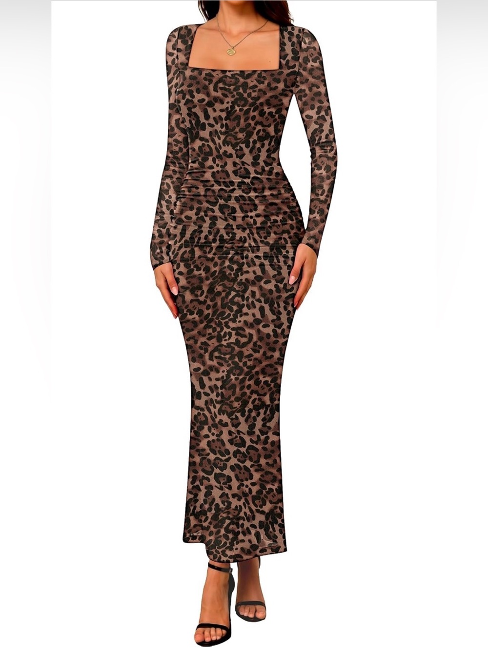 Square Neck Long Sleeve Leopard-Print Maxi Dress - Brown
